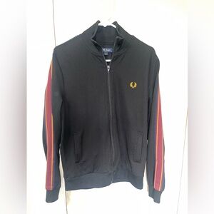 Fred Perry Black Track Jacket with Colorful Tape Sleeve Stripes